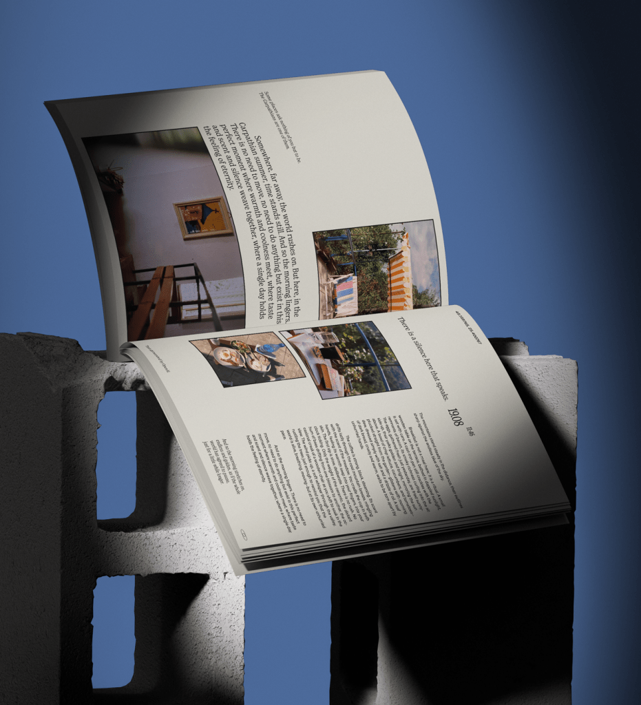 Editorial-Design mit offenem Magazin auf Betonelement – typografisch starkes Layout mit Schwarz-Weiß-Fotografie, minimalem Satzspiegel und ruhiger Ästhetik, inspiriert von analoger Fotografie und gedruckter Poesie.
