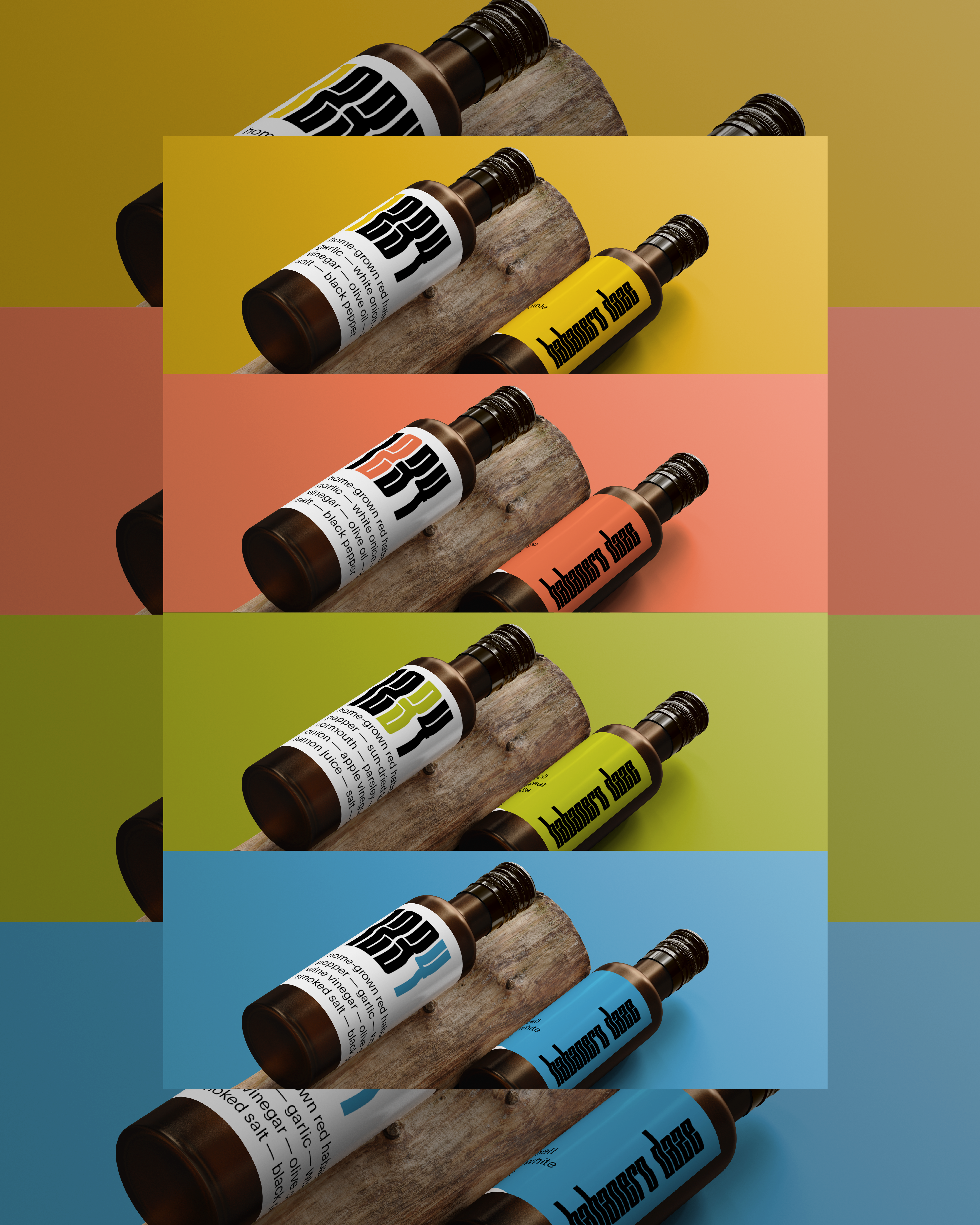 Verpackungsdesign und Branding-Konzept für Habanero Daze – Chili-Saucenlinie mit vier Geschmacksrichtungen. Typografisch geprägtes Design mit konzeptionellem Ansatz und starkem Farbkontrast.