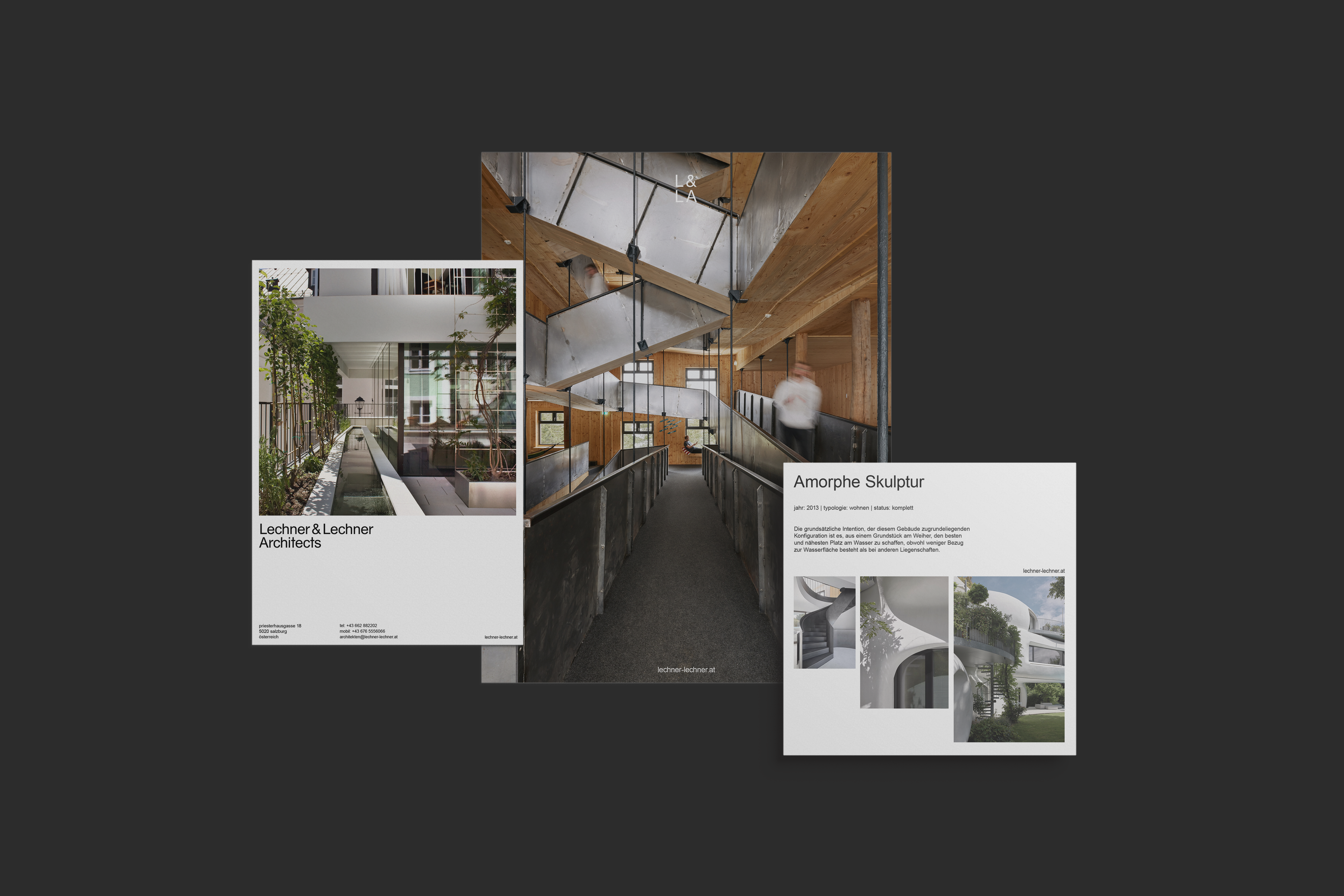 Visuelles Rebranding für Lechner & Lechner Architects – minimalistisches Architekturdesign zwischen Struktur und Raum. Folder- und Plakatgestaltung, die Materialität, Licht und Form in einem klaren grafischen Konzept vereint.