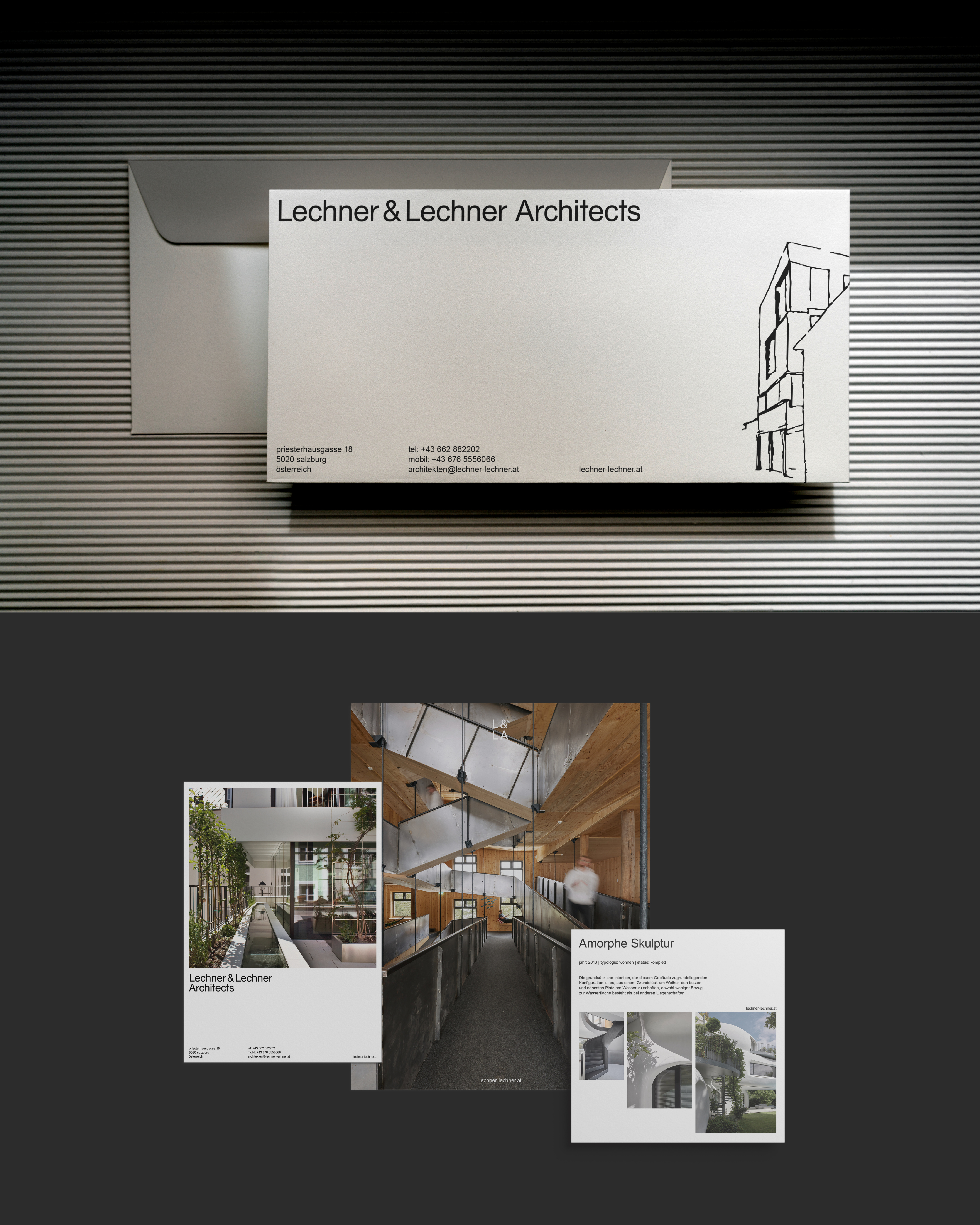 Corporate-Design-System für Lechner & Lechner Architects – Geschäftsausstattung, Website und visuelle Identität.